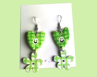 Green smiley dangle earrings