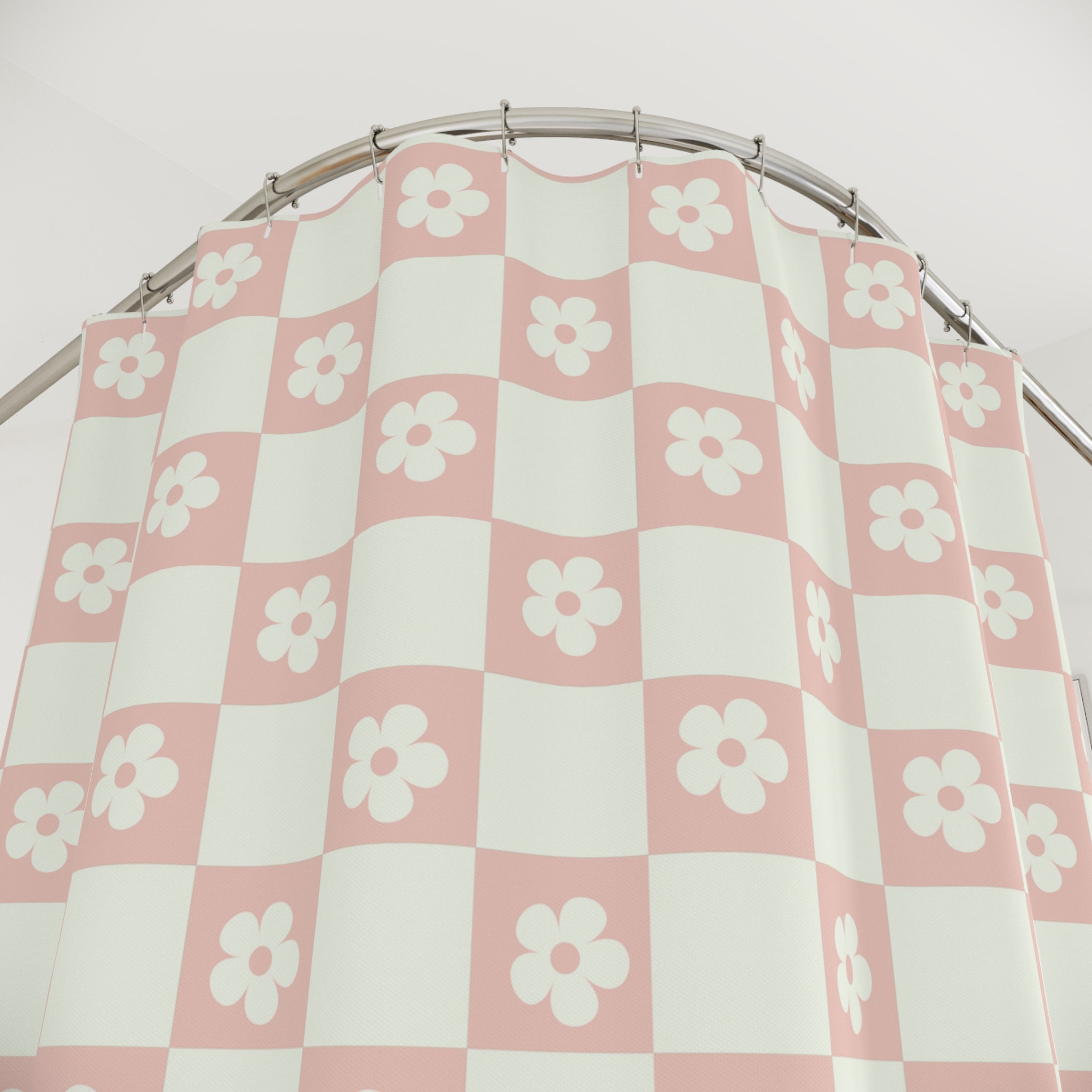 Pink Retro Shower Curtain Retro Pink Checkered Floral Shower Curtain ...