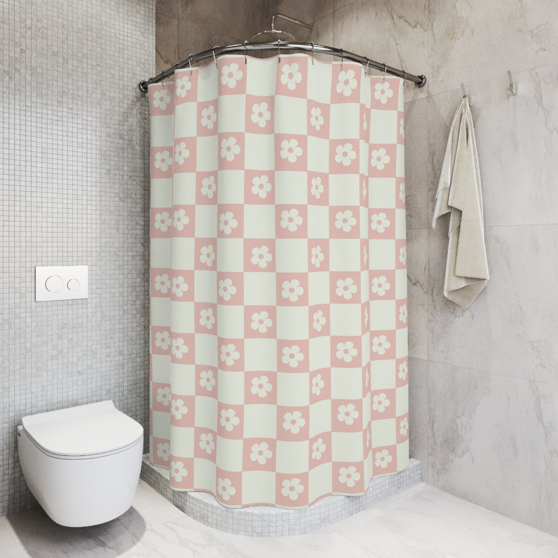 Pink Retro Shower Curtain Retro Pink Checkered Floral Shower Curtain