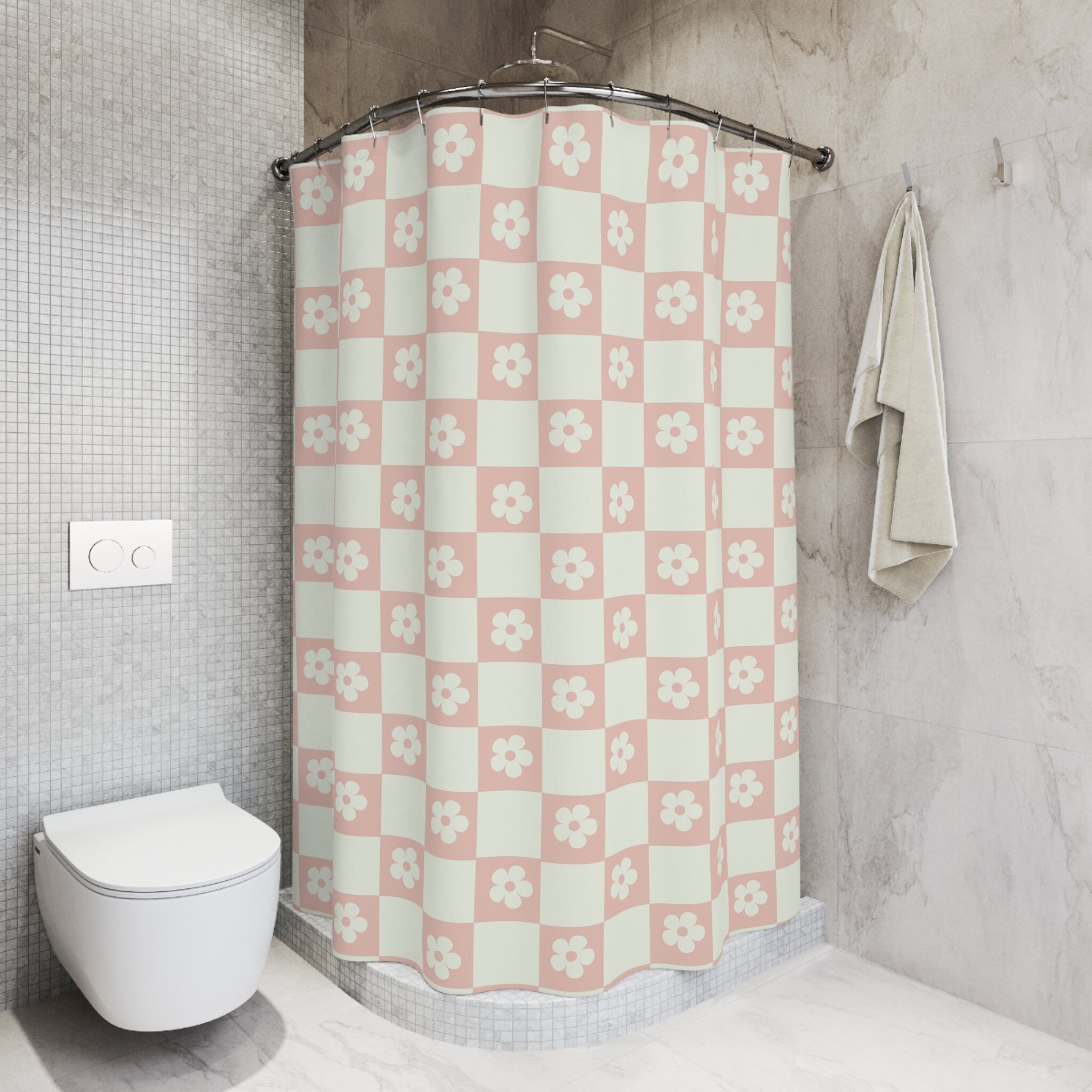 Pink Retro Shower Curtain Retro Pink Checkered Floral Shower Curtain ...