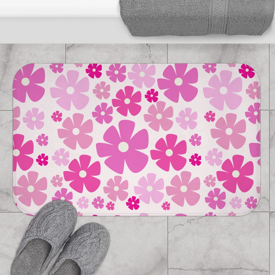 Pink Floral Bath Mat Retro Boho Bathmat Groovy Bath Mat Boho Chic Indie ...
