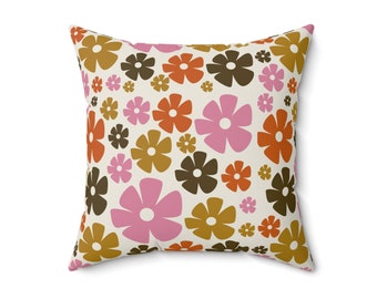 Retro throw pillow floral boho accent pillow orange yellow brown 60s 70s 80s indie aesthetic