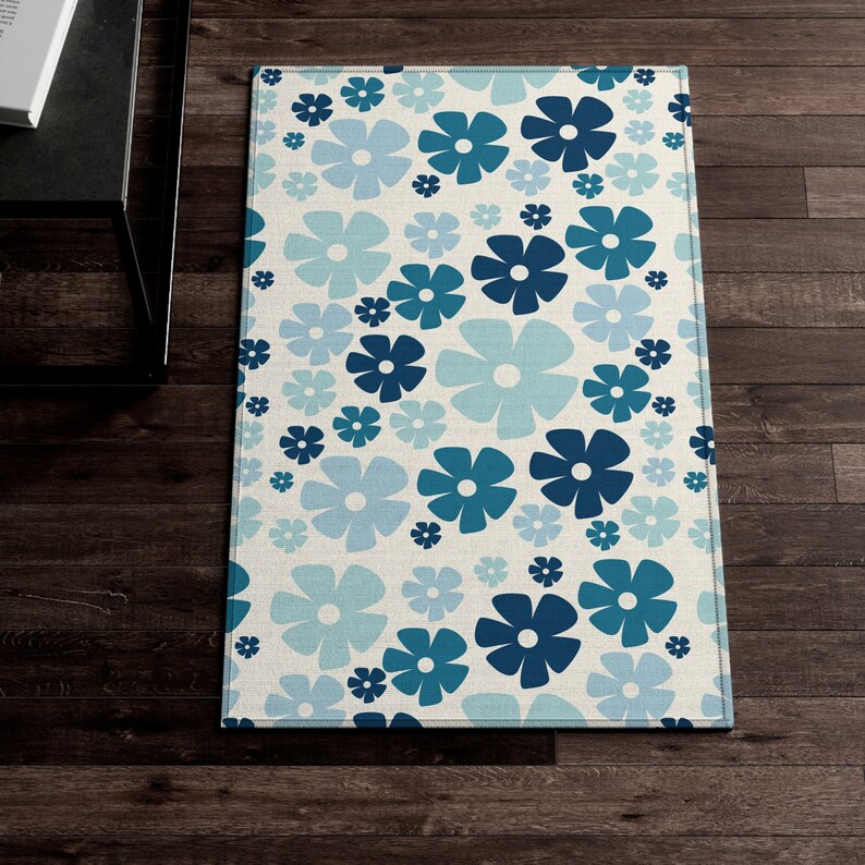 Cute Blue Area Rug Retro Abstract Floral Blue Rug Boho Chic Indie
