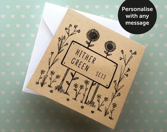 Personalised New Home card | Any location | Housewarming  | Floral street sign design | Free Fast Delivery | Kraft card | Recycled