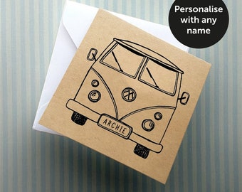 Personalised Campervan card | Any name | Free Fast Delivery | Birthday | Celebration | Kraft card | Recycled