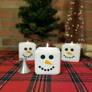 Christmas Snowman Reclaimed Wood Block Tee Light Candle Holder Rustic Christmas Decor image 1