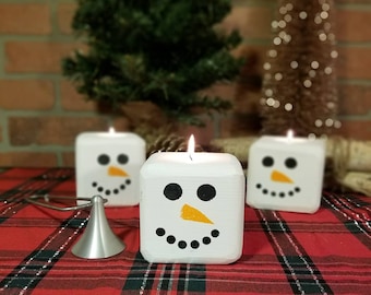 Christmas Snowman Reclaimed Wood Block Tee Light Candle Holder - Rustic Christmas Decor