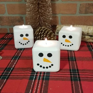 Christmas Snowman Reclaimed Wood Block Tee Light Candle Holder Rustic Christmas Decor image 4