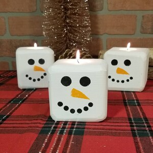 Christmas Snowman Reclaimed Wood Block Tee Light Candle Holder Rustic Christmas Decor image 2