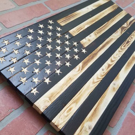 Rustic Wooden American Flag Original Charred Black And White Etsy