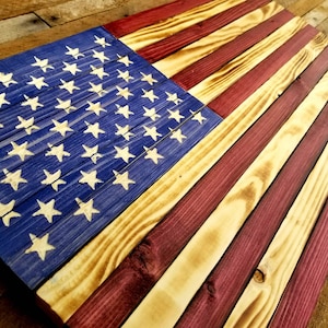 Hand Crafted Rustic Wooden American Flag - Red, White and Blue Wood Wall Art Mancave Decoration 24 3/4 × 13