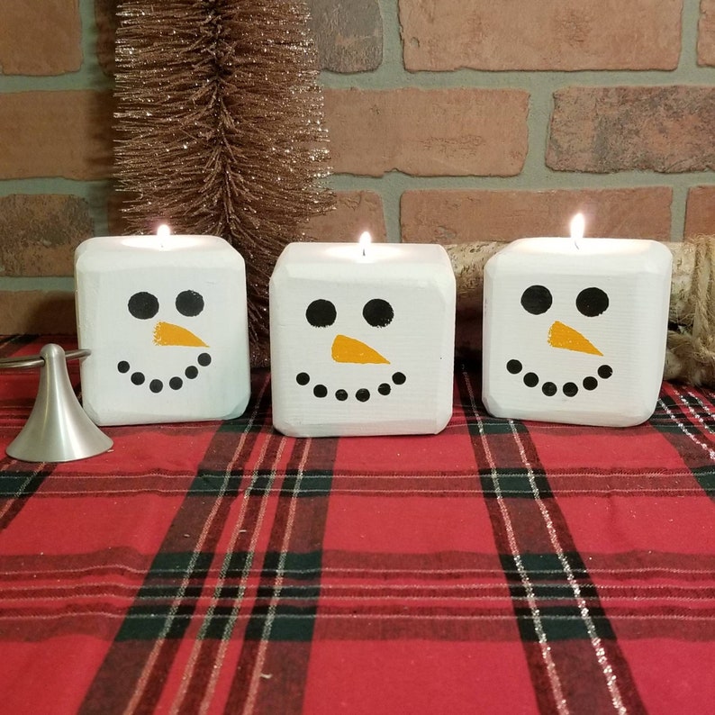 Christmas Snowman Reclaimed Wood Block Tee Light Candle Holder Rustic Christmas Decor image 3