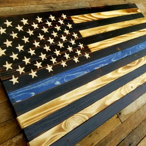 Rustic Wooden American Flag - Thin Blue Line Police Indoor Outdoor 24 3/4 x 13