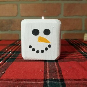 Christmas Snowman Reclaimed Wood Block Tee Light Candle Holder Rustic Christmas Decor image 5