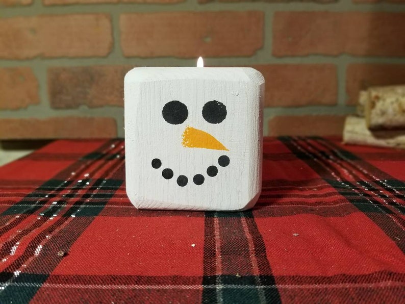 Christmas Snowman Reclaimed Wood Block Tee Light Candle Holder Rustic Christmas Decor image 5