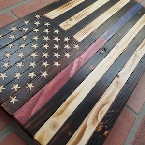 Rustic Thin Blue Line / Thin Red Line Split Reclaimed Wood American Flag