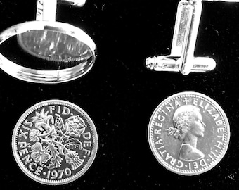 The Very Rare Sixpence 1970 Coins set in Silver Plated Cufflinks With Free Case Or Pouch