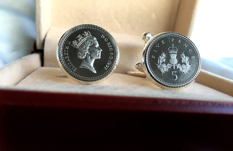 1997 Five Pence Coins Rare Uncirculated Set in Silver Plated Cuff Links + FREE Gift Card Or Birth Year Card With Display Card Proof