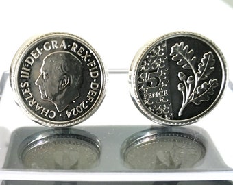 2023-2024 KING CARLES Mint Five Pence Coins In Silver Plated Cufflinks. Pouch or Cases. FREE Sterling Silver Threepence Coin Set in Tie Clip