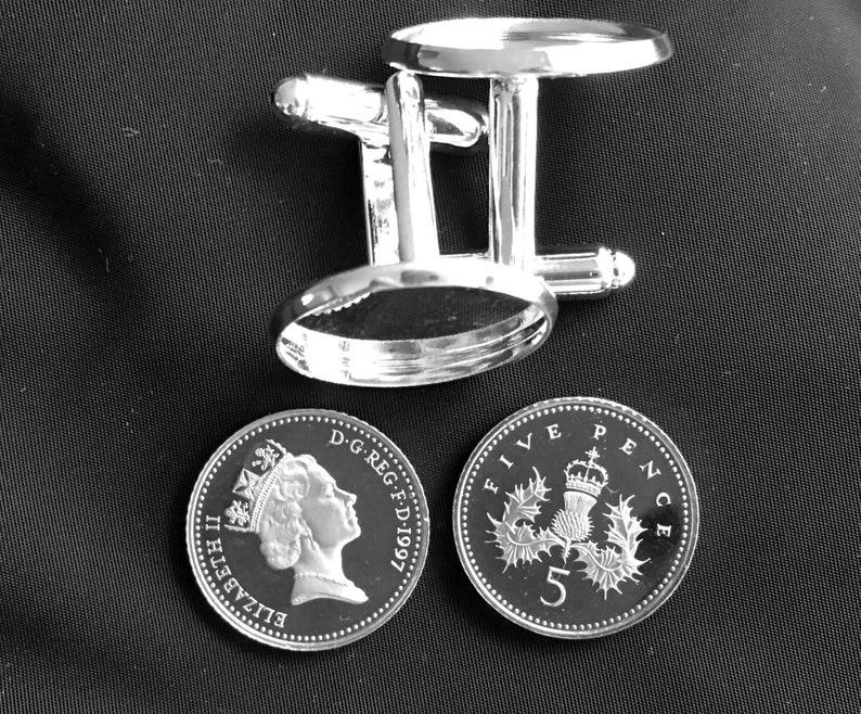 1997 Five Pence Coins Rare Uncirculated Set in Silver Plated Cuff Links + FREE Gift Card Or Birth Year Card With Display Card Proof
