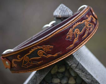 Tapered Carved Leather Martingale Dog Collar.