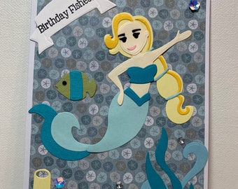 Birthday Fishes card, Mermaid Birthday card, 3D Mermaid Birthday card, Mermaid Birthday card, Blank Inside card