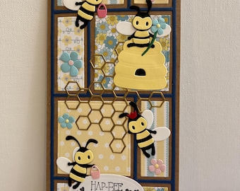 Hap-Bee Bee-Day card, Happy Birthday Bee card, Bee Lover Birthday card, Slimline Bee Birthday card, 3D Bee Birthday card, Handmade Bee card