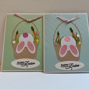 Carte de joyeuses Pâques, carte de Pâques faite main, carte 3D de lapins dans un panier, carte vierge à l'intérieur, carte de lapins de Pâques, carte de Pâques drôle