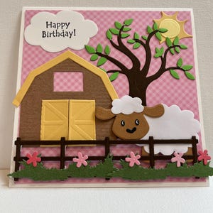 3D Farm Birthday Card: Sheep, Barn & Tree