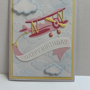 Alles Gute zum Geburtstag fliegende Flugzeug Karte, 3D Flugzeug Geburtstagskarte, handgemachte Flugzeug Geburtstagskarte, hellrosa Flugzeug Liebhaberkarte