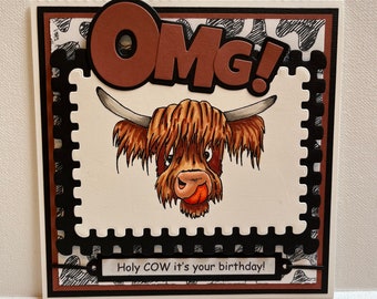 Handmade 3D Highland Cow Birthday Card, Funny OMG Greeting, Blank Inside