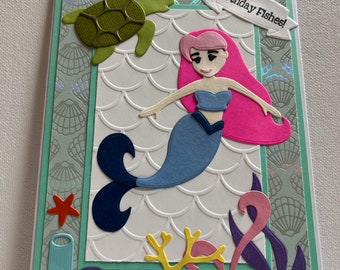 Birthday Fishes card, Mermaid card, 3D Mermaid card, Mermaid Birthday card, Mermaid In The Ocean card, Turtle and Fish Birthday card