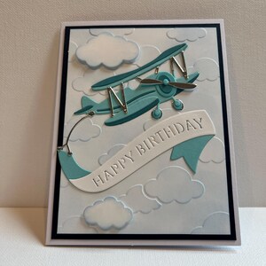Alles Gute zum Geburtstag fliegende Flugzeug Karte, 3D Flugzeug Geburtstagskarte, handgemachte Flugzeug Geburtstagskarte, Aqua Blue Flugzeug Liebhaberkarte