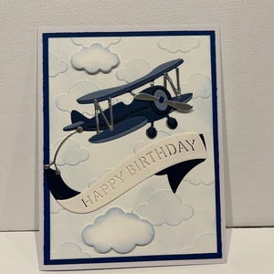 Carte d'avion volant de joyeux anniversaire, carte d'anniversaire d'avion 3D, carte d'anniversaire d'avion faite main, carte d'avion bleu marine