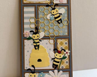 Hap-Bee Bee-Day card, Happy Birthday Bee card, Bee Lover Birthday card, Slimline Bee Birthday card, 3D Bee Birthday card, Handmade Bee card