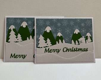 Merry Christmas (set of 2) cards, Snowy Mountains and Christmas Village cards, Handmade Christmas card set, 3D Christmas Village cards