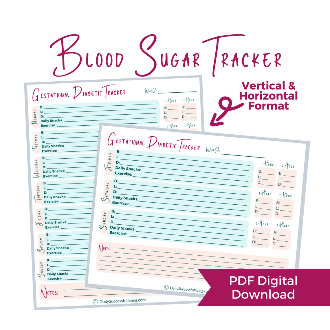 Gestational Diabetes Blood Sugar &amp; Meal Tracker - Printable Blood ...