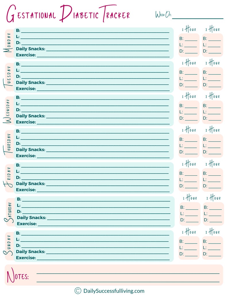 May include: A printable gestational diabetic tracker with a light blue background and teal lines. The tracker includes sections for blood sugar readings, daily snacks, and exercise for each day of the week. The text "Week Of" is at the top of the page.
