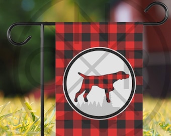 Red and Black Buffalo Plaid Check German Shorthair Pointer GSP Christmas Garden Flag