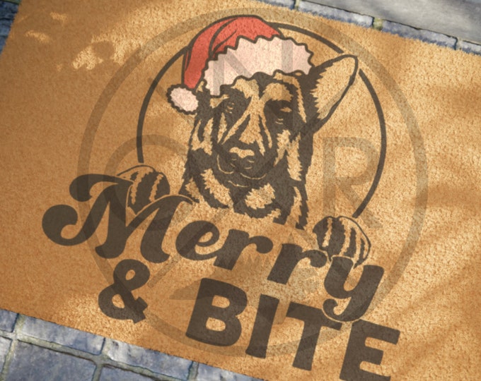 Merry and Bite German Shepherd Dutch Shepherd Belgian Malinois K9 PPk9 Christmas Front Door Welcome Mat 24 x 16 Coir Doormat