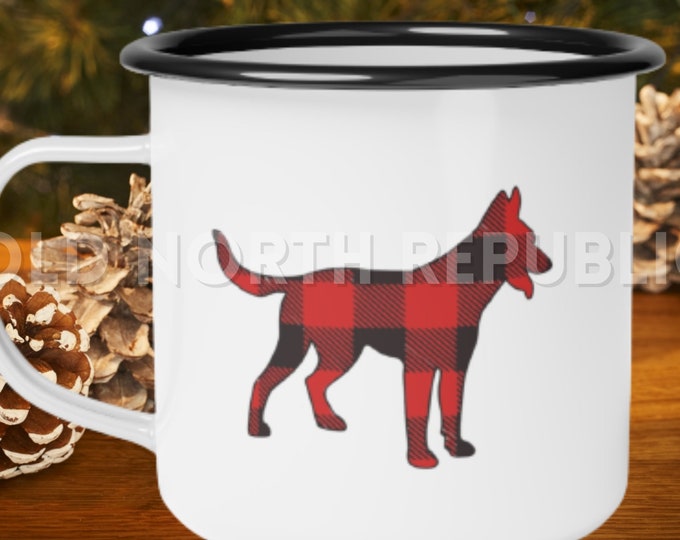 Belgian Malinois Dutch Shepherd Maligator Red Buffalo Plaid Christmas Enamel Camp Cup