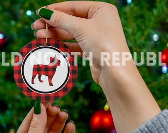 Red Buffalo Plaid Australian Cattle Dog Stumpy Tail ACD Red Heeler Blue Heeler Velociheeler Howliday 2.76" Ceramic Christmas Ornament