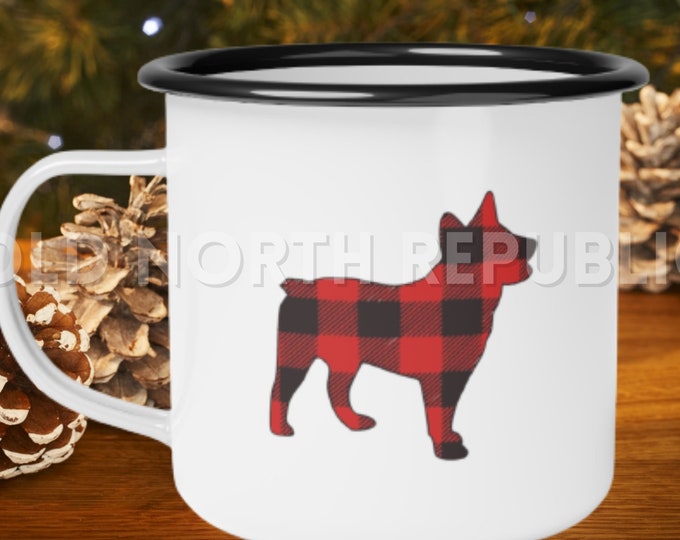 Australian Cattle Dog ACD With Stumpy Tail Heeler Red Buffalo Plaid Christmas Enamel Camp Cup