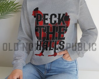 Peck The Halls Buffalo Plaid Chicken Hen Christmas Holiday Unisex Heavy Blend Crewneck Sweatshirt