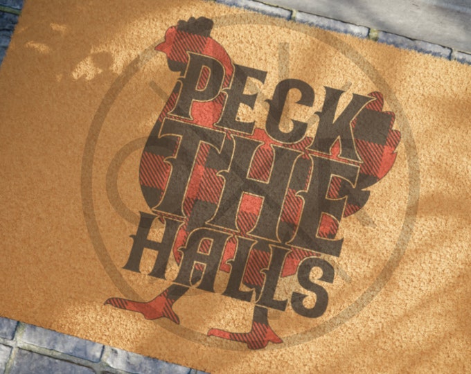 Peck the Halls Chicken Christmas Buffalo Plaid Front Door Welcome Mat 24 x 16 Coir Doormat