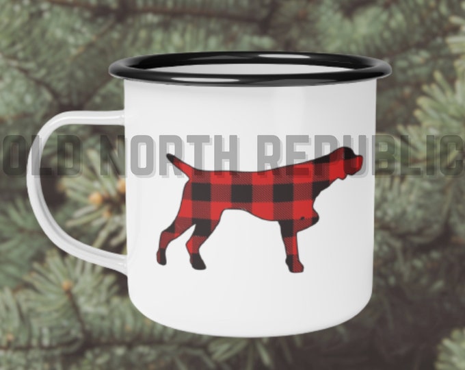 Red Buffalo Plaid GSP German Shorthair Pointer Silhouette Christmas Enamel Camp Cup - 2023 Howliday Collection