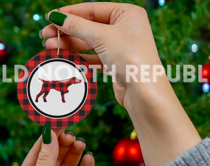 Red Buffalo Plaid German Shorthair Pointer GSP Howliday 2.76" Ceramic Christmas Ornament