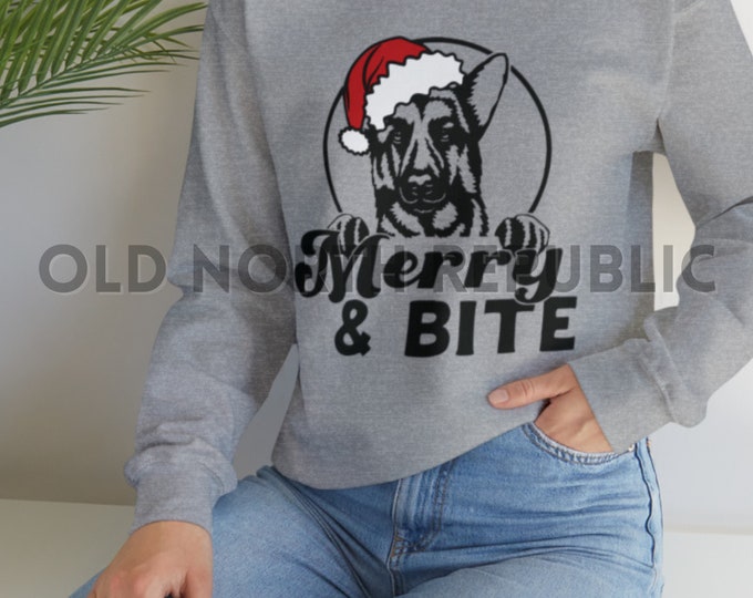 Merry and Bite German Shepherd GSD Christmas Holiday Unisex Heavy Blend Crewneck Sweatshirt