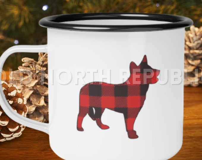 Australian Cattle Dog ACD With Full Tail Heeler Red Buffalo Plaid Christmas Enamel Camp Cup