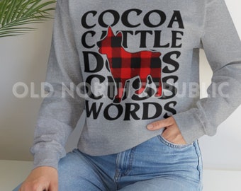 Cocoa Cattle Dogs Cuss Words Buffalo Plaid Australian Cattle Dog ACD Stumpy Tail Red/Blue Heeler Unisex Heavy Blend Crewneck Sweatshirt